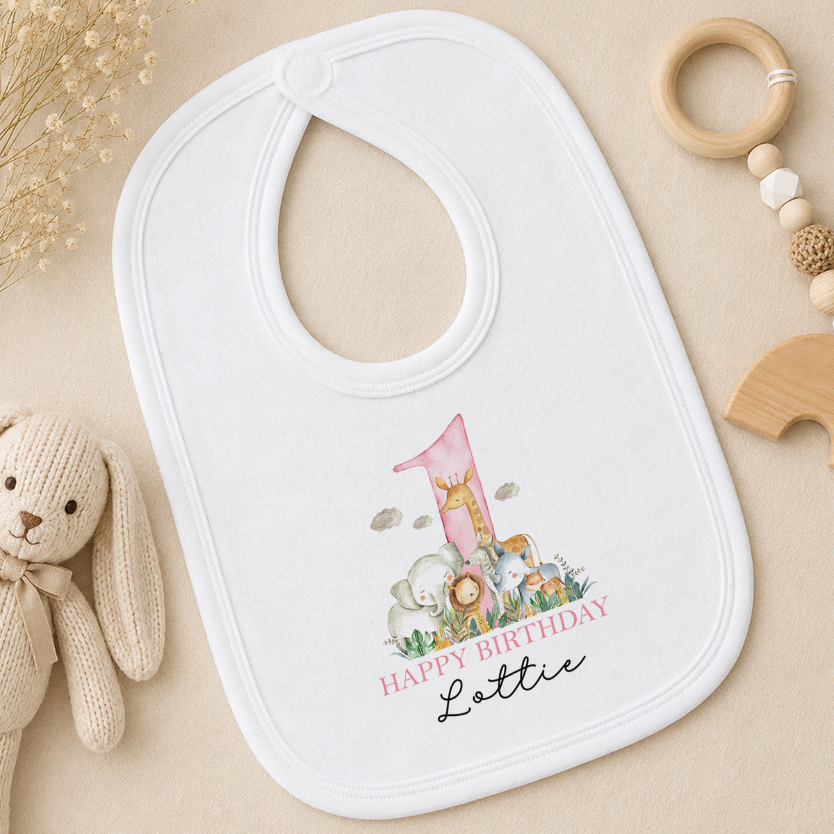 Personalised Safari Animal Friends First Birthday bib