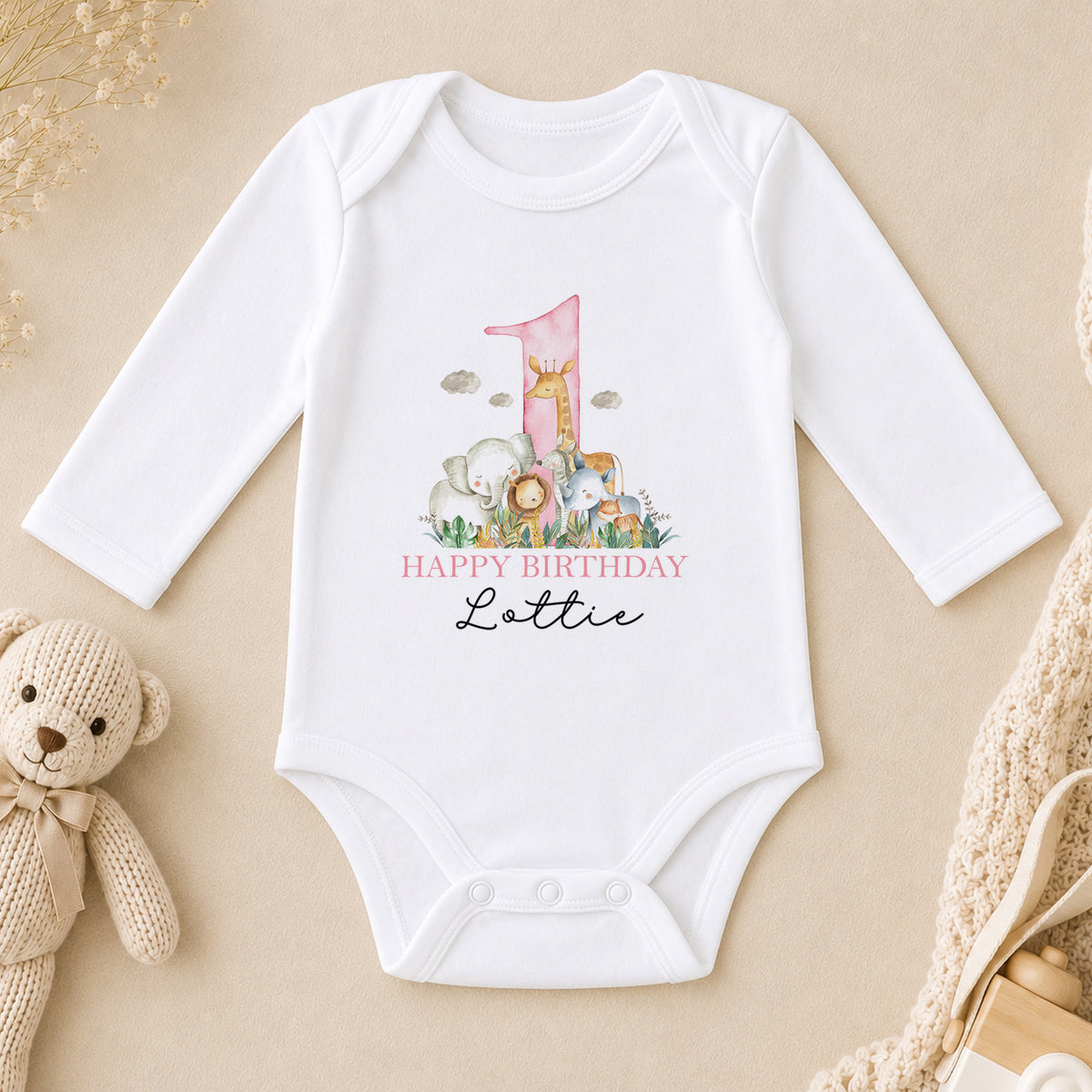 Personalised Safari Animal Friends First Birthday long sleeve vest