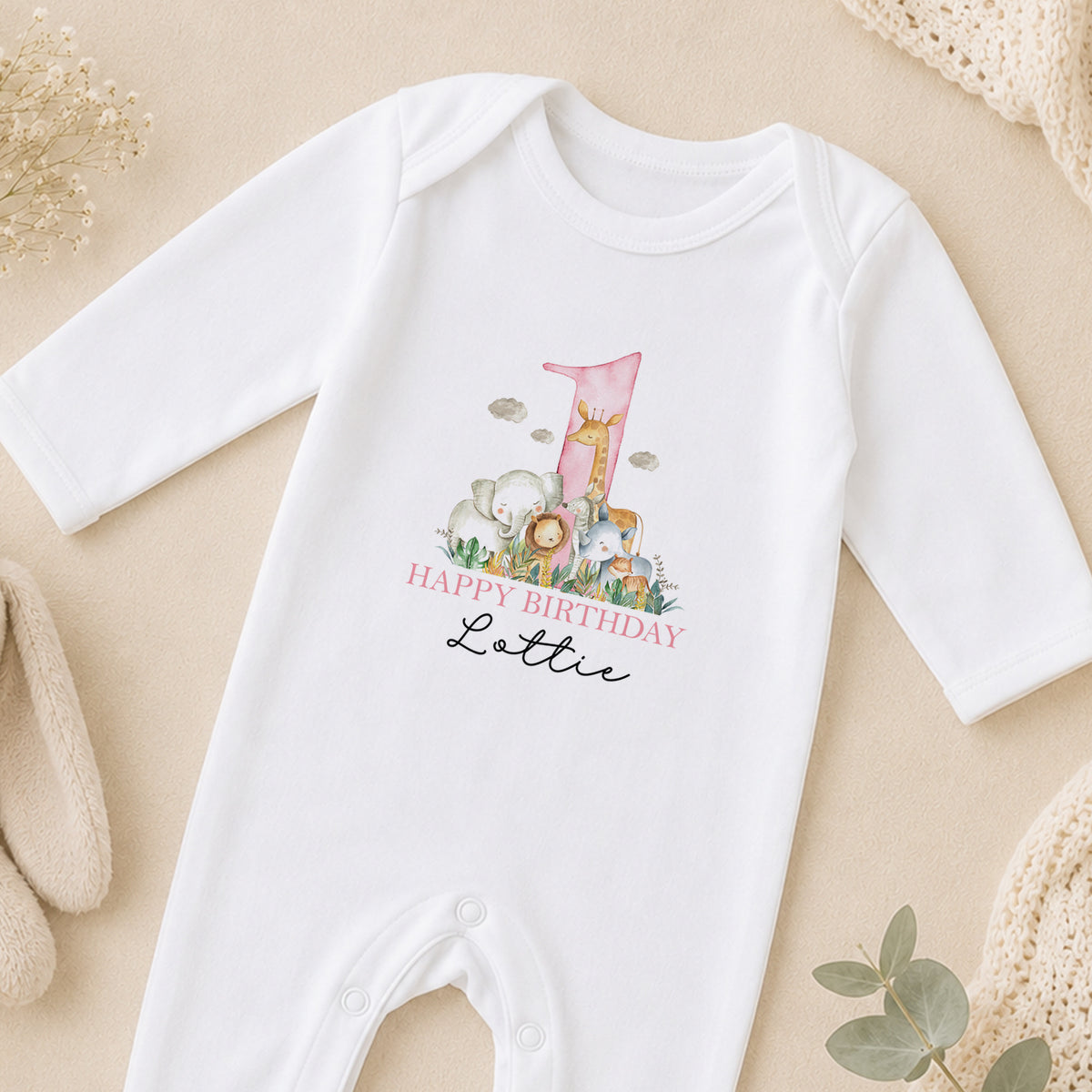 Personalised Safari Animal Friends First Birthday sleepsuit