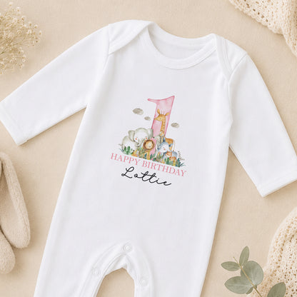 Personalised Safari Animal Friends First Birthday sleepsuit