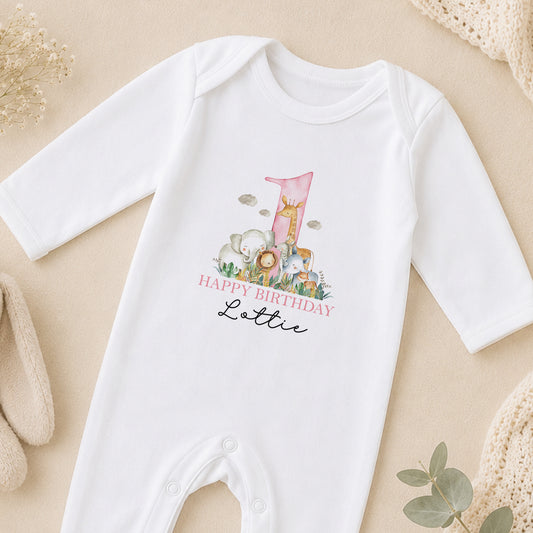 Personalised Safari Animal Friends First Birthday sleepsuit