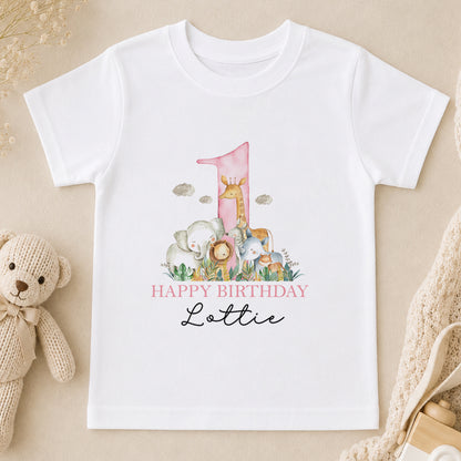 Personalised Safari Animal Friends First Birthday t-shirt