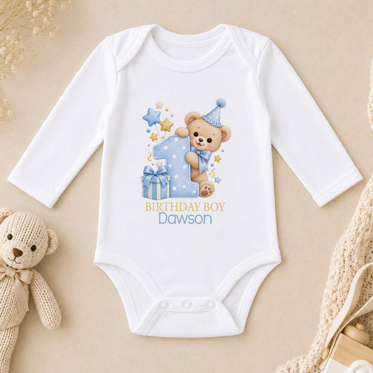 Personalised 1st Birthday Boy Outfit - Blue Teddy Bear Cake Smash long sleeve vest