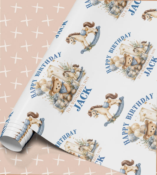 Cowboy Teddy Wrapping Paper, Personalised Name, Boys 1st Birthday