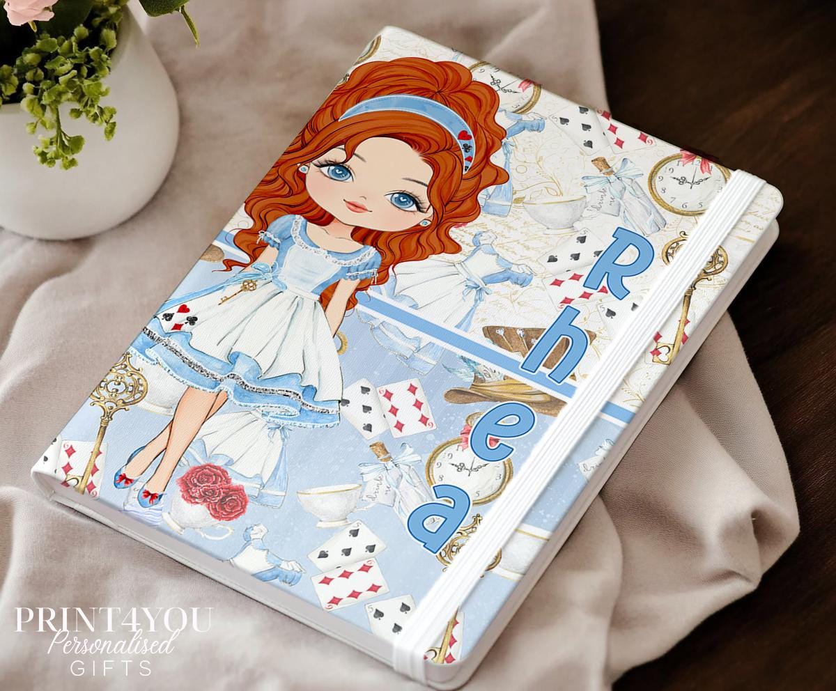 Alice in Wonderland personalised PU leather notebook with custom name, Girl 4 character design
