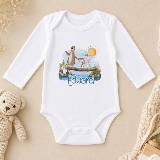 Personalised Animals on a Log New Baby Gift long sleeve vest