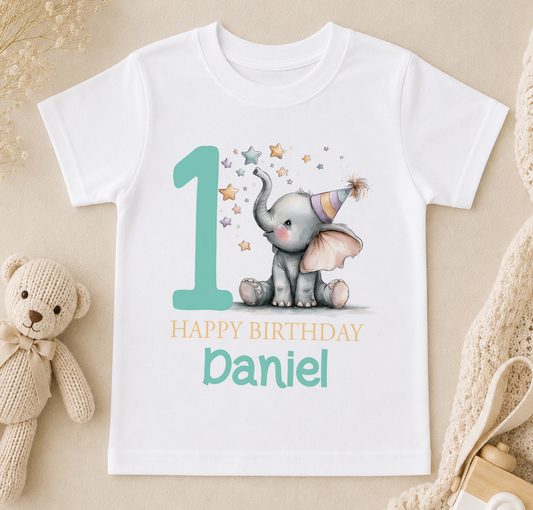 Personalised t-shirt printed with a baby elephant in a party hat surrounded by stars, and 'Happy Birthday Daniel' lettering