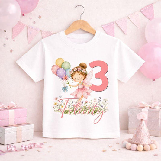 Personalised pink fairy birthday t-shirt with custom name and age
