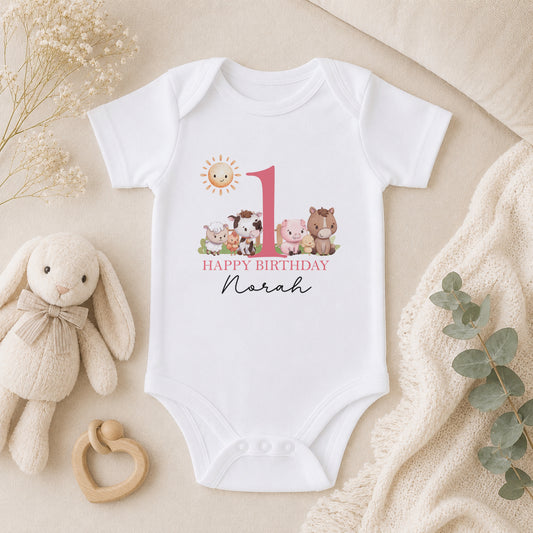 Personalised Pink Farm Animals First Birthday baby vest