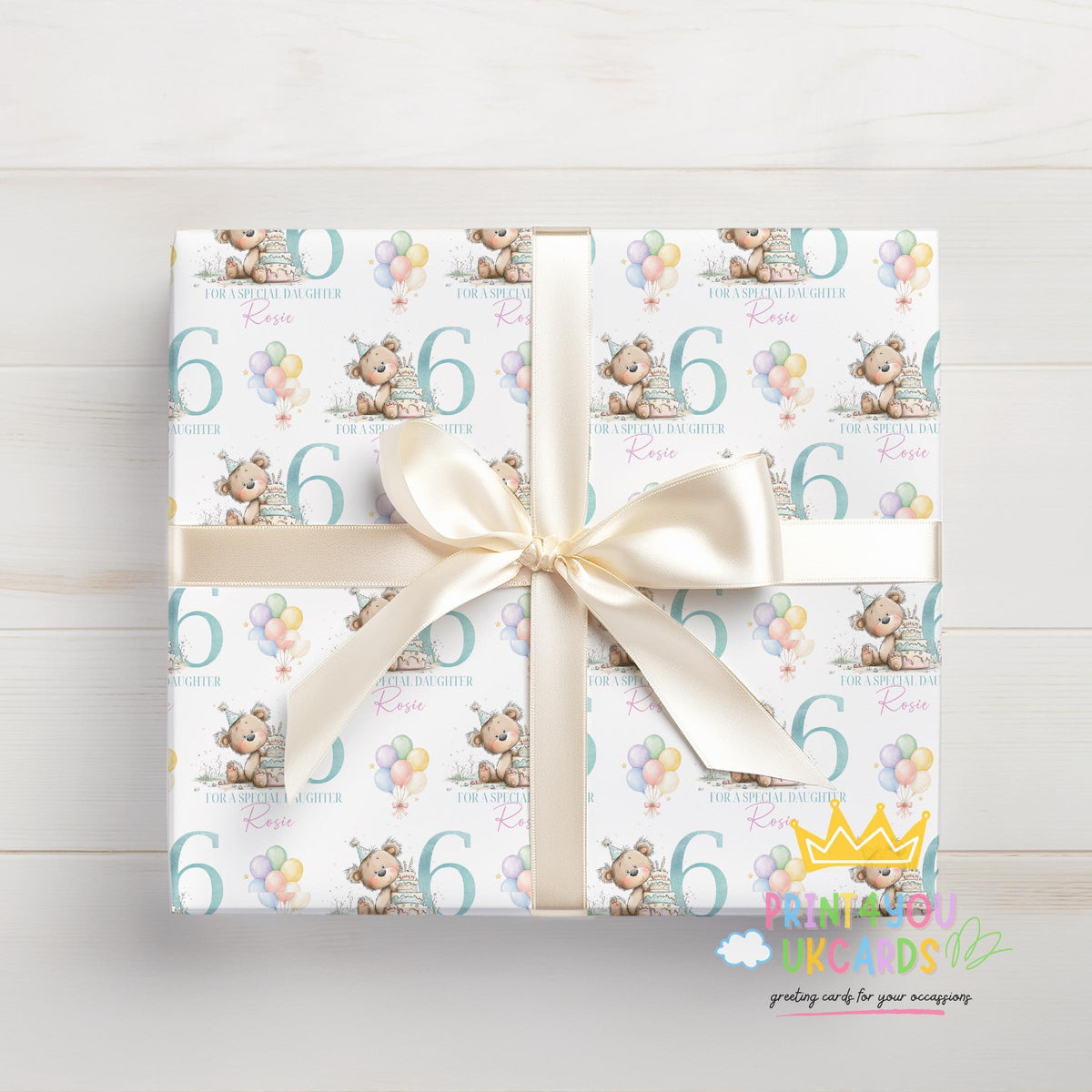 Teddy Bear and Balloon Wrapping Paper, Personalised Name, Birthday
