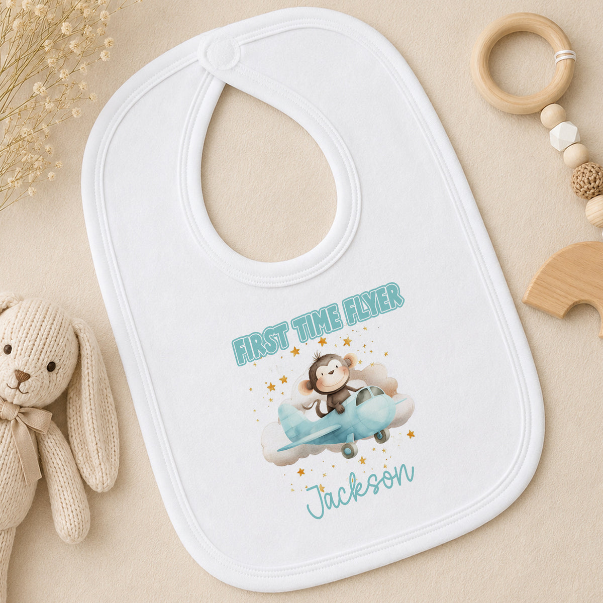 Personalised First Flight Monkey Baby bib