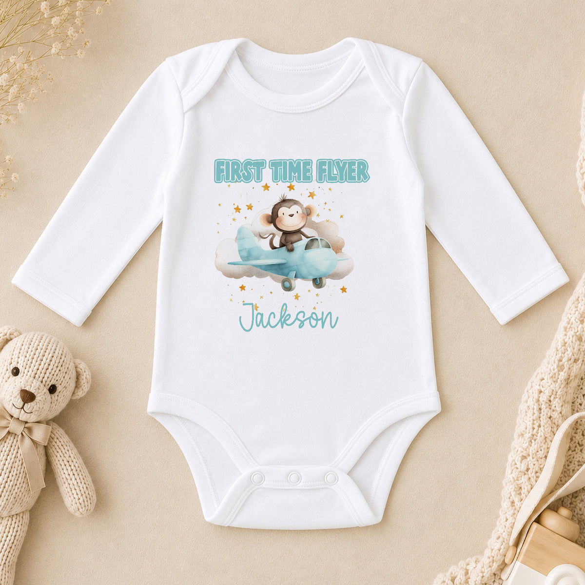 Personalised First Flight Monkey Baby long sleeve vest