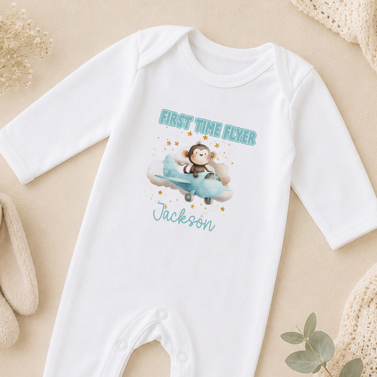 Personalised First Flight Monkey Baby sleepsuit