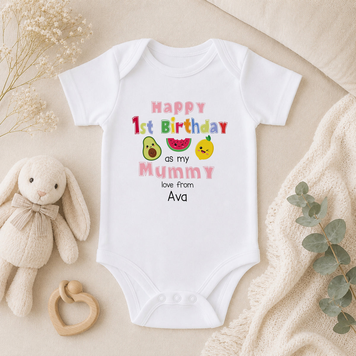 Personalised Mummy or Daddys First Birthday Fruit Design baby vest