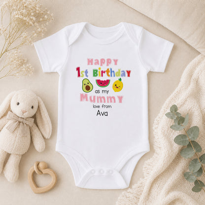 Personalised Mummy or Daddys First Birthday Fruit Design baby vest