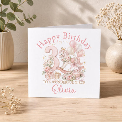 Personalised rocking horse birthday card – pink rocking horse with a number 3, To a Wonderful Niece Olivia