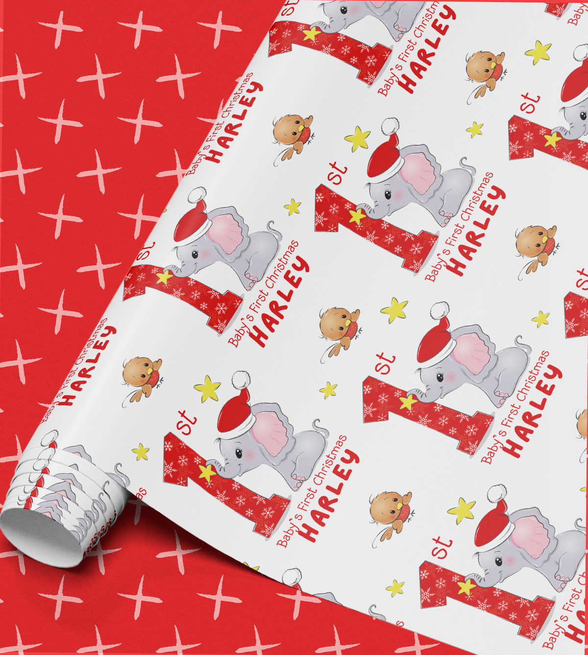 Close-up of the personalised elephant Baby's First Christmas wrapping paper design