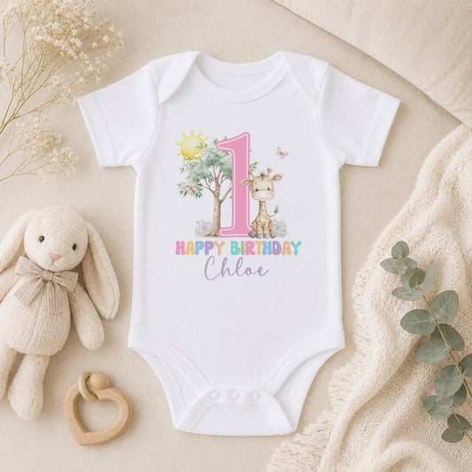Personalised Pastel Pink Giraffe First Birthday Outfit for Baby Girls baby vest