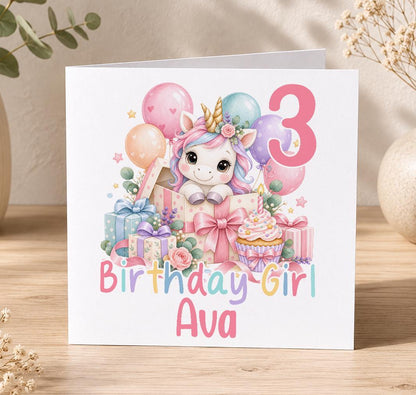 Personalised unicorn birthday card – unicorn with a flower crown, balloons and a pink 3, Birthday Girl Ava