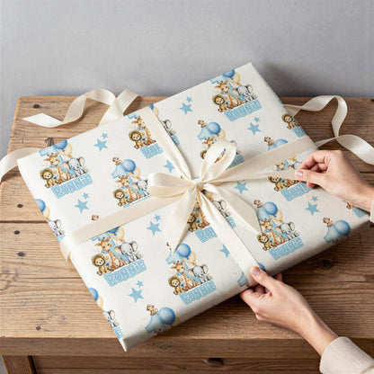 Blue Safari Wrapping Paper, Personalised Name, Boys 1st Birthday