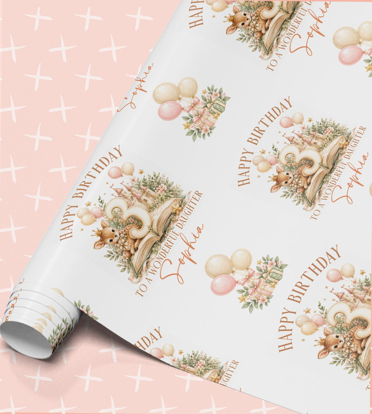 Fairytale Deer Wrapping Paper, Personalised Name, Girls Birthday
