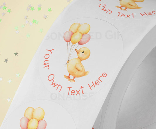Personalised yellow duck sticker with pink balloons design, printed on a strip of three, 5cm high gloss
