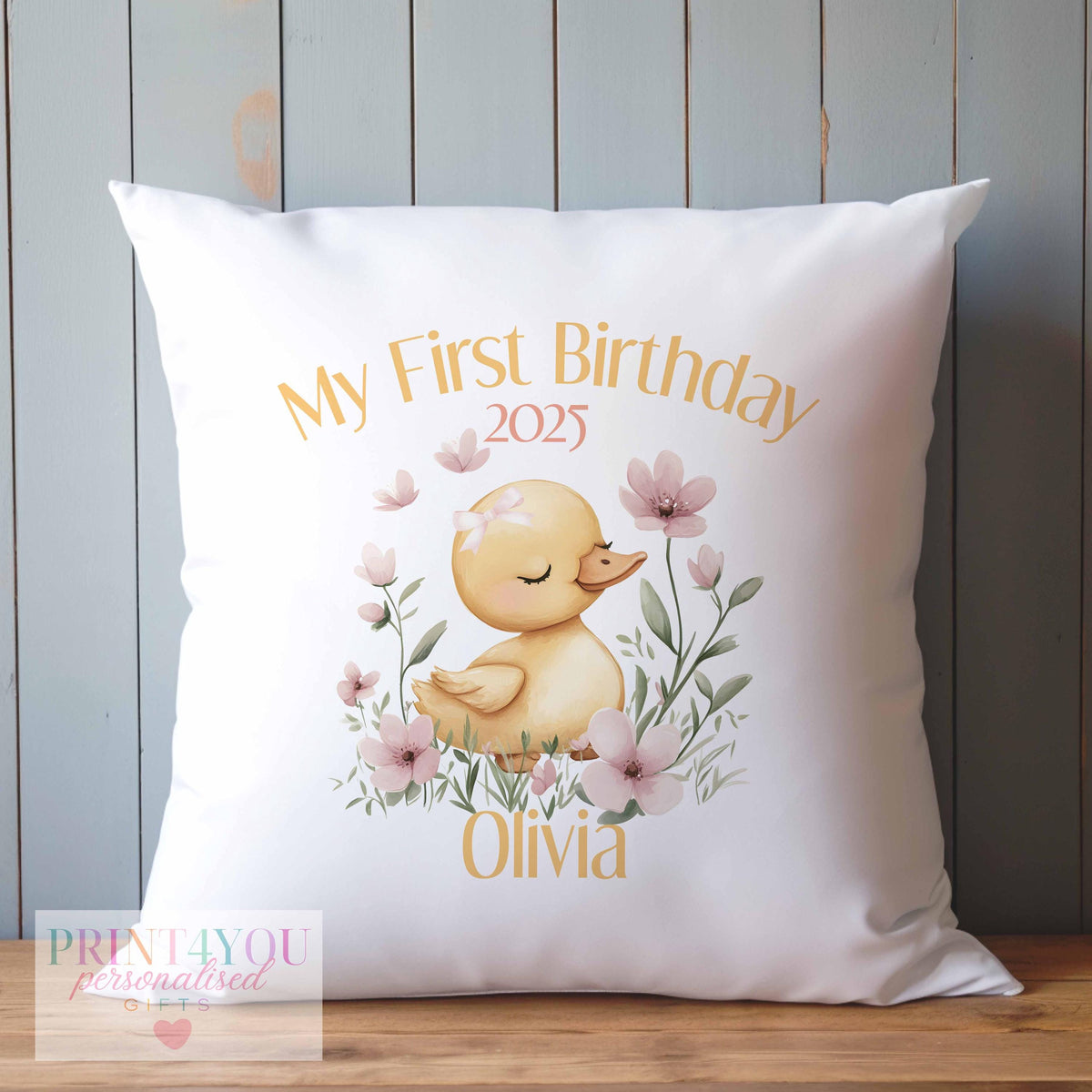 Off-white personalised duck cushion cover laid flat, cover-only version
