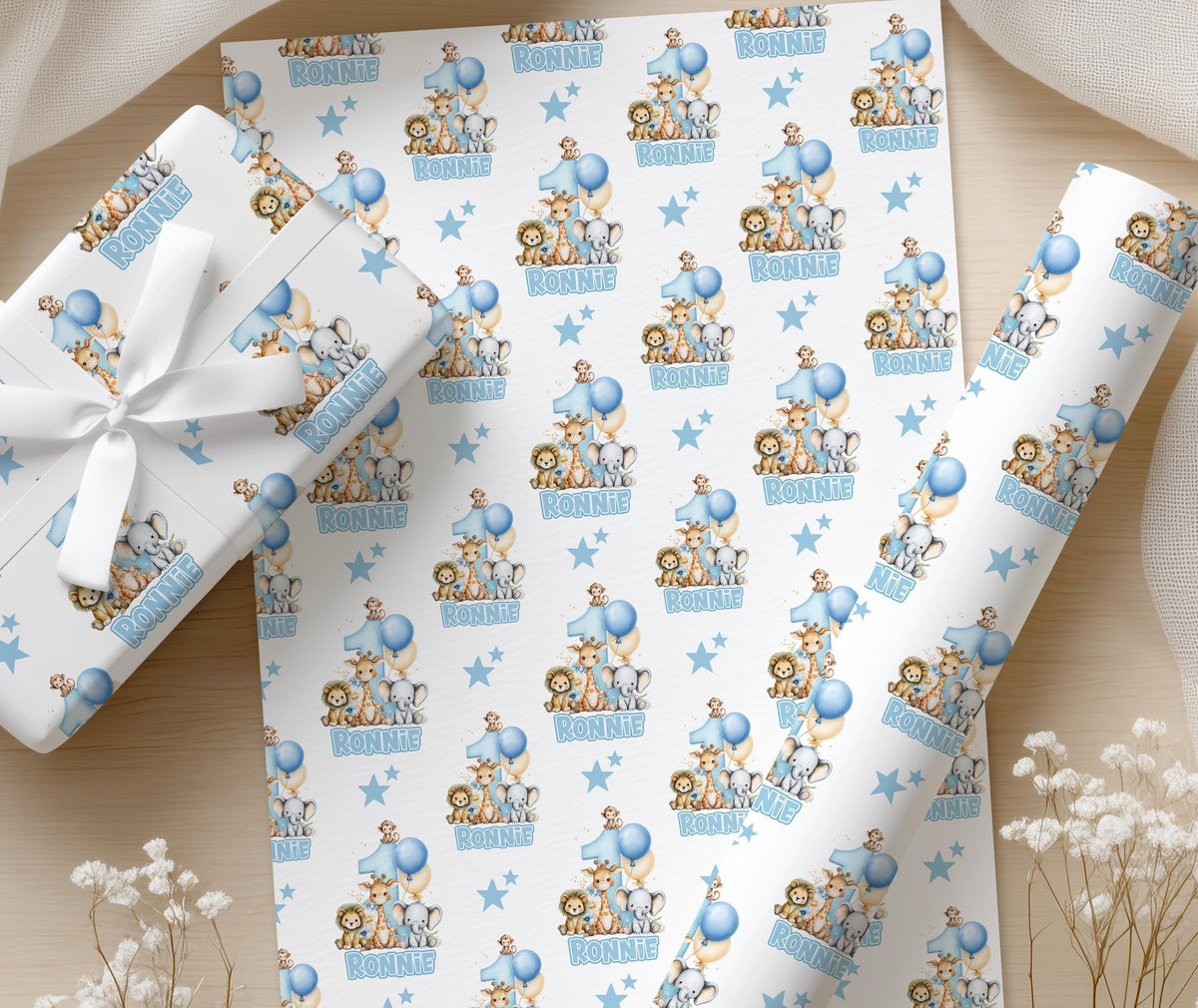 Blue Safari Wrapping Paper, Personalised Name, Boys 1st Birthday