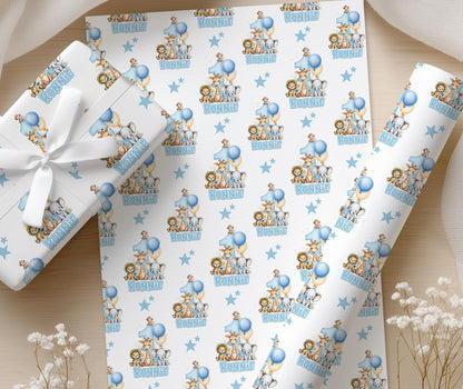 Blue Safari Wrapping Paper, Personalised Name, Boys 1st Birthday