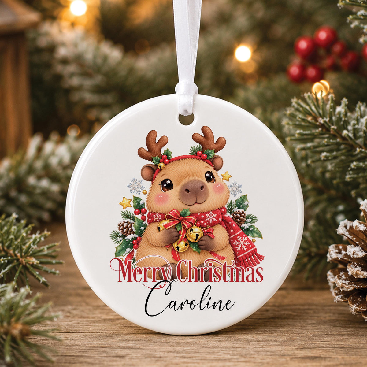Personalised white ceramic Christmas bauble with a capybara wearing reindeer antlers and a red scarf, “Merry Christmas” and a name
