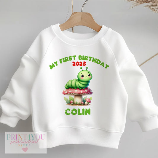 Personalised caterpillar first birthday sweatshirt in size 6-12 months with custom baby name
