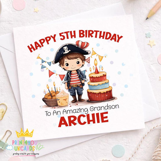 Square personalised birthday card featuring a cartoon pirate design with a treasure map