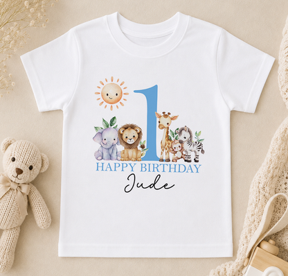 Personalised white t-shirt printed with a sun, giraffe, lion and zebra and 'Happy Birthday Jude'.