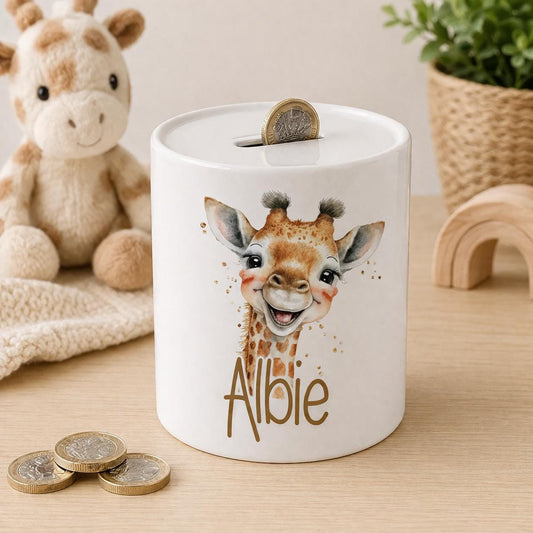 Personalised giraffe ceramic money box, piggy bank for kids