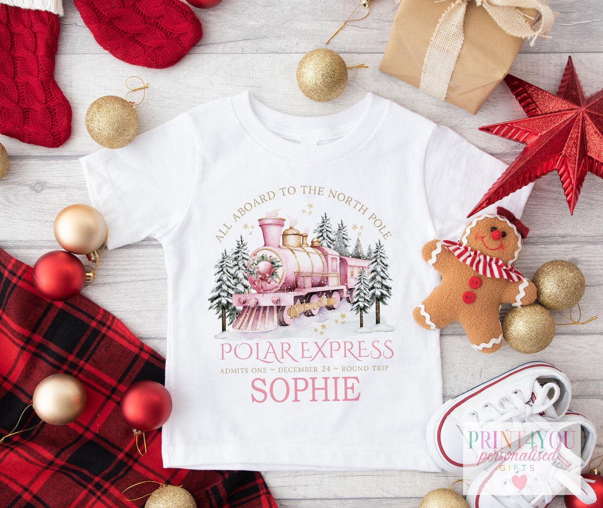 Personalised Kids Polar Express Jumper or T – Shirt Pink North Pole Train Design - 1-2 years SWEATSHIRT