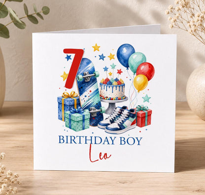 Personalised skateboard birthday card – blue skateboard, trainers and cake with a red 7, Birthday Boy Leo