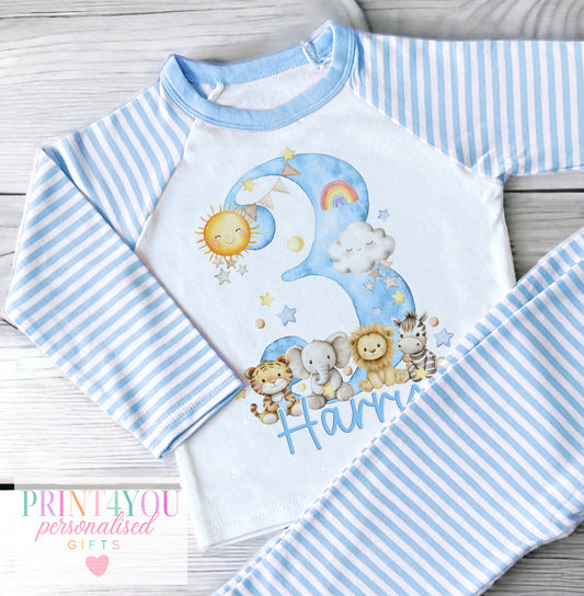 Personalised blue and white striped boys' pyjamas with night-time safari design and numbers 1 to 5, size 6-12 months