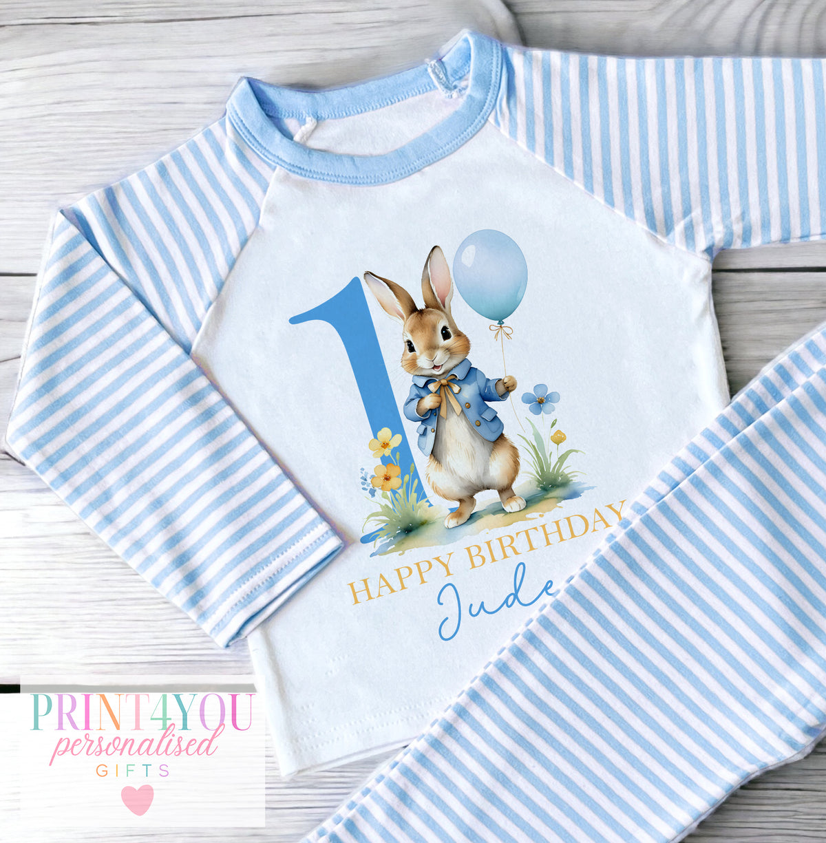 Personalised blue and white striped baby vest with Happy Birthday rabbit design