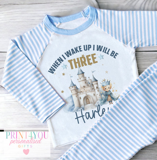 Personalised blue striped boys pyjamas with little prince when I wake up design, size 6-12 months