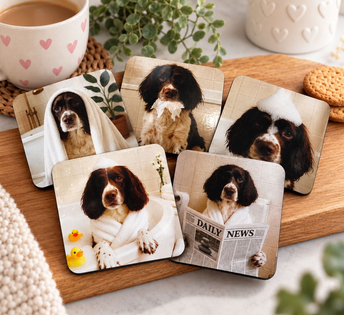 Set of four personalised vintage-style spa day pet portrait coasters showing a spaniel in a dressing gown, on a wooden board with tea and biscuits