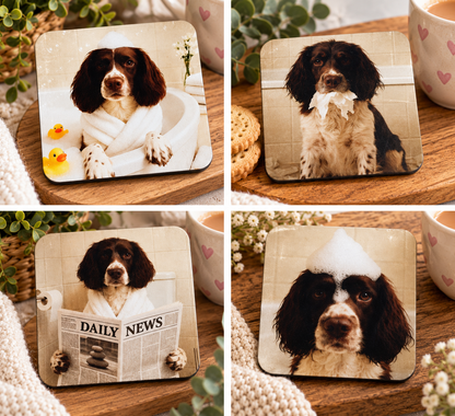 Four personalised spaniel portrait coasters with spa day designs including towels, a bathrobe and reading the newspaper