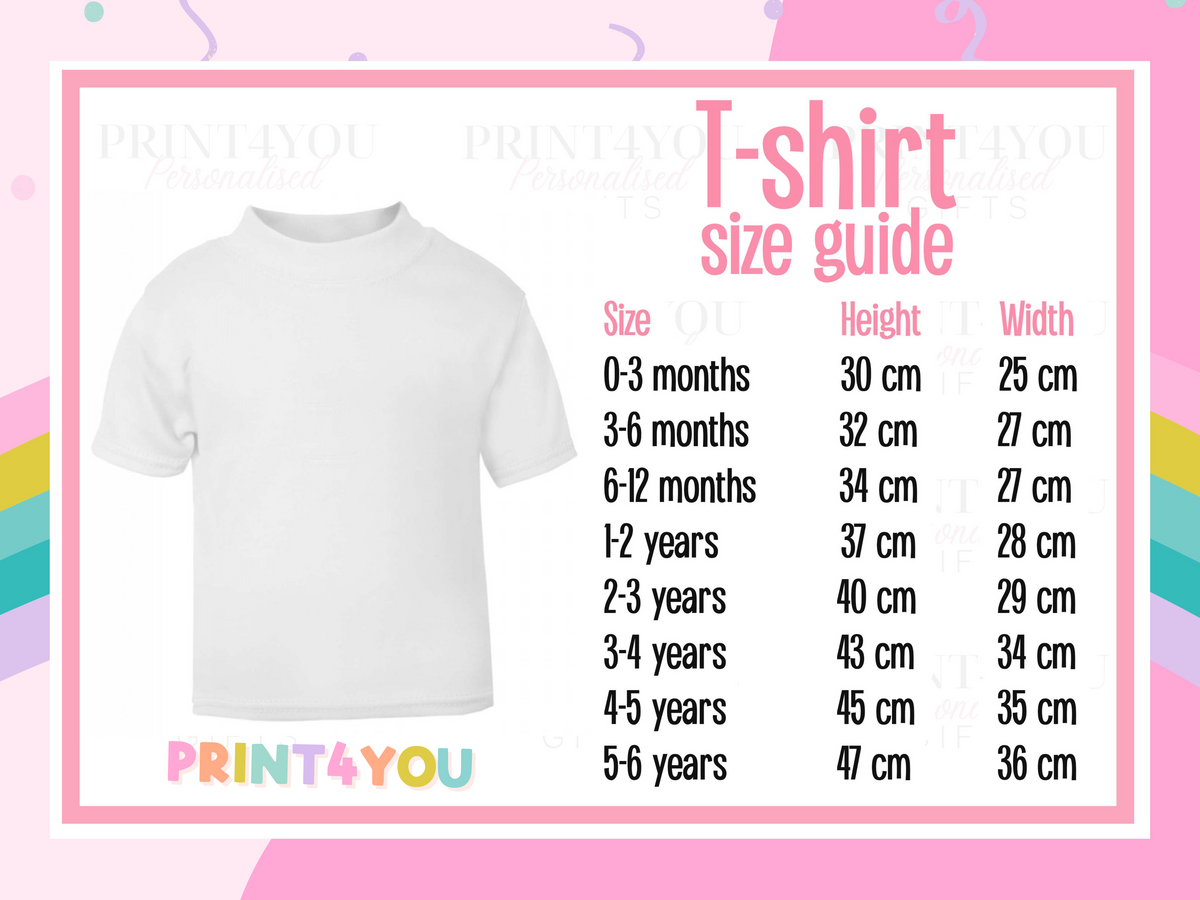 T-shirt size guide chart showing measurements from age 1-2 years up to 11-12 years