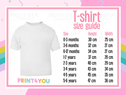 T-shirt size guide chart showing measurements from age 1-2 years up to 11-12 years