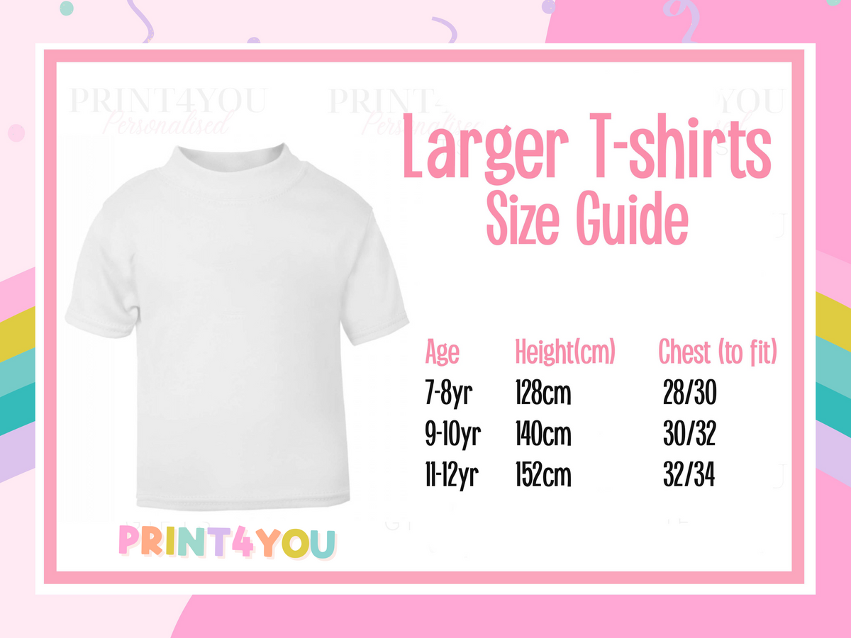 Detailed t-shirt size guide chart for older children's sizes with height and chest measurements