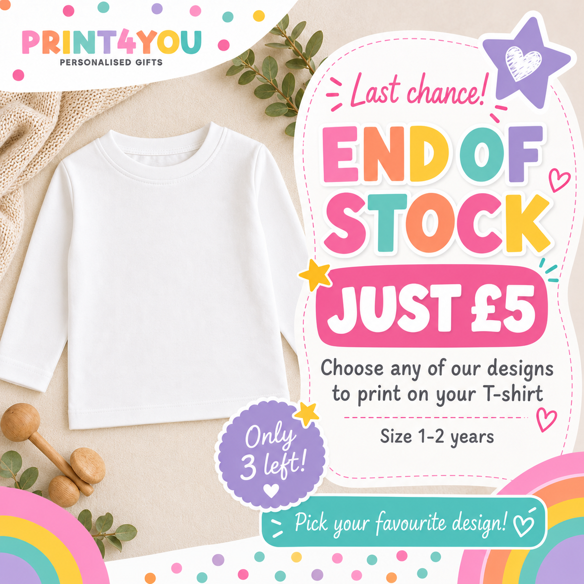 End of stock long sleeve white kids t-shirt, size 1-2 years, just £5 with any design