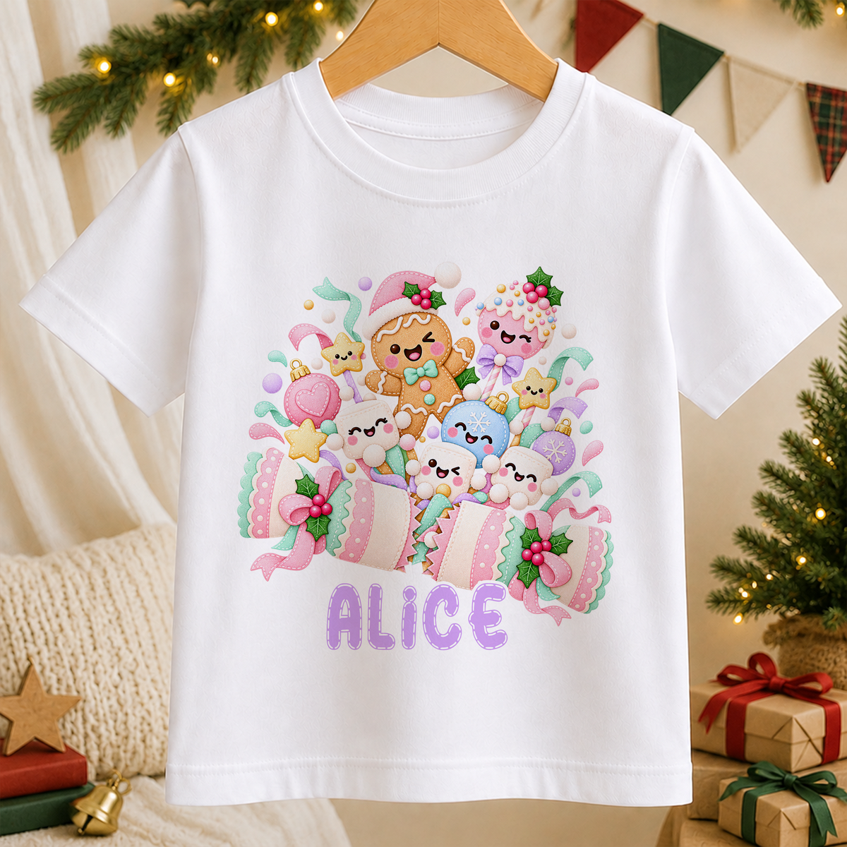 Personalised kawaii Christmas cracker t-shirt – white tee with a pastel pink and mint cracker bursting with a gingerbread friend and marshmallow characters, with the name Alice in lilac