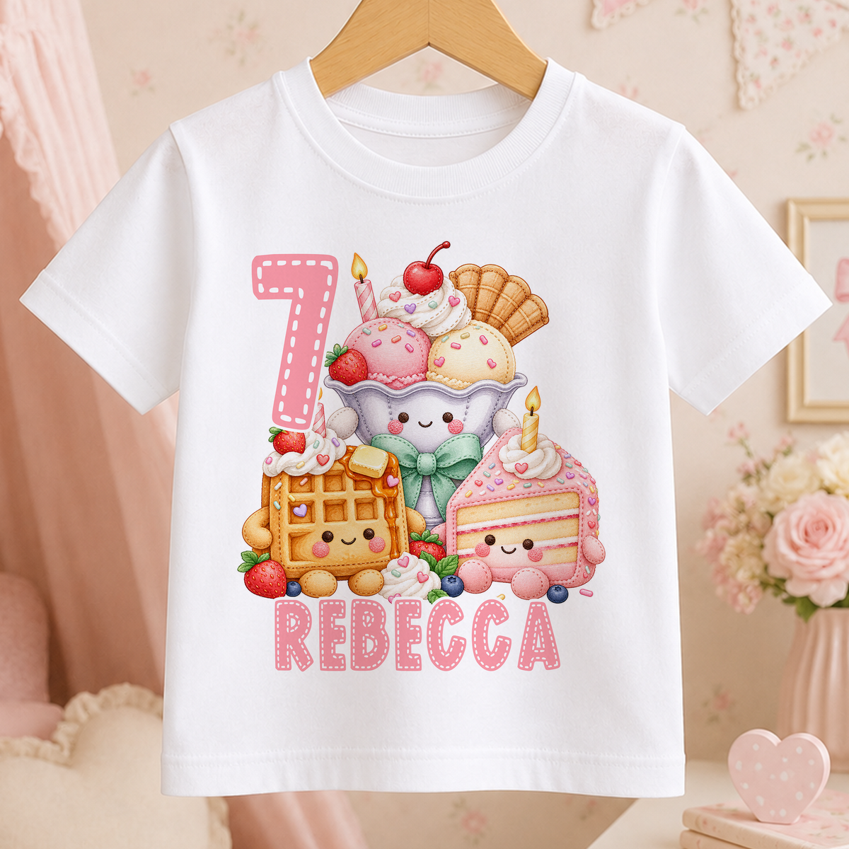 Personalised kawaii ice cream birthday t-shirt – white tee with smiling ice cream sundae, waffle and birthday cake, pink age number 7 and the name Rebecca