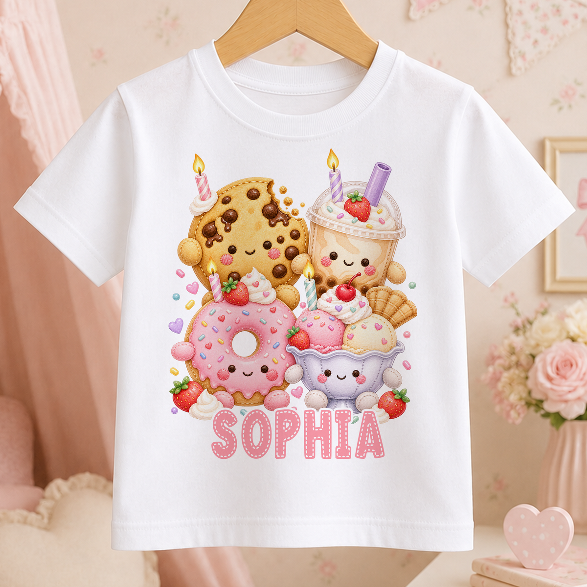 Personalised kawaii sweet treats birthday t-shirt – white tee with cookie, bubble tea, doughnut and ice cream with birthday candles, and the name Sophia in pink