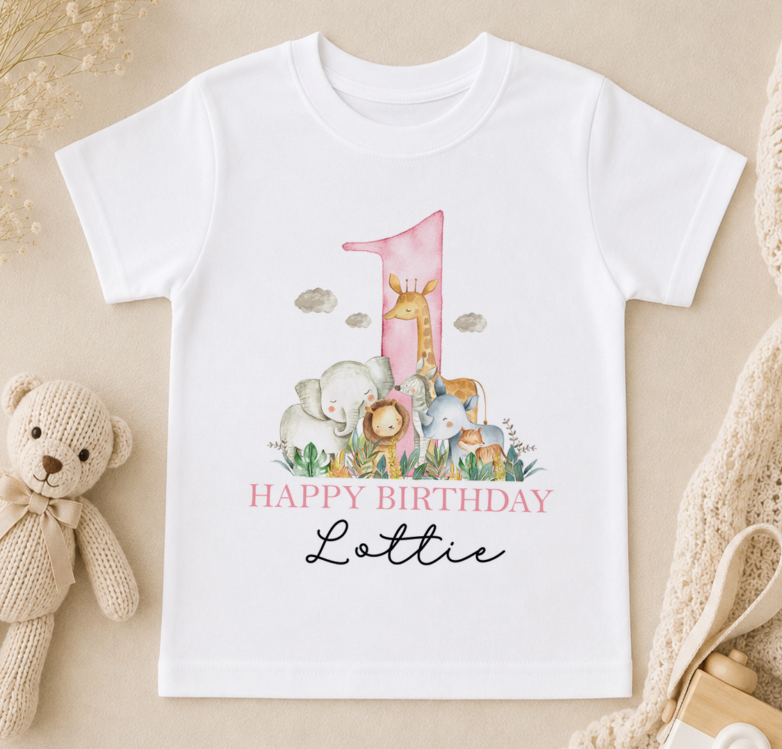 Personalised 1st birthday t-shirt, Pink Safari Animals design with name
