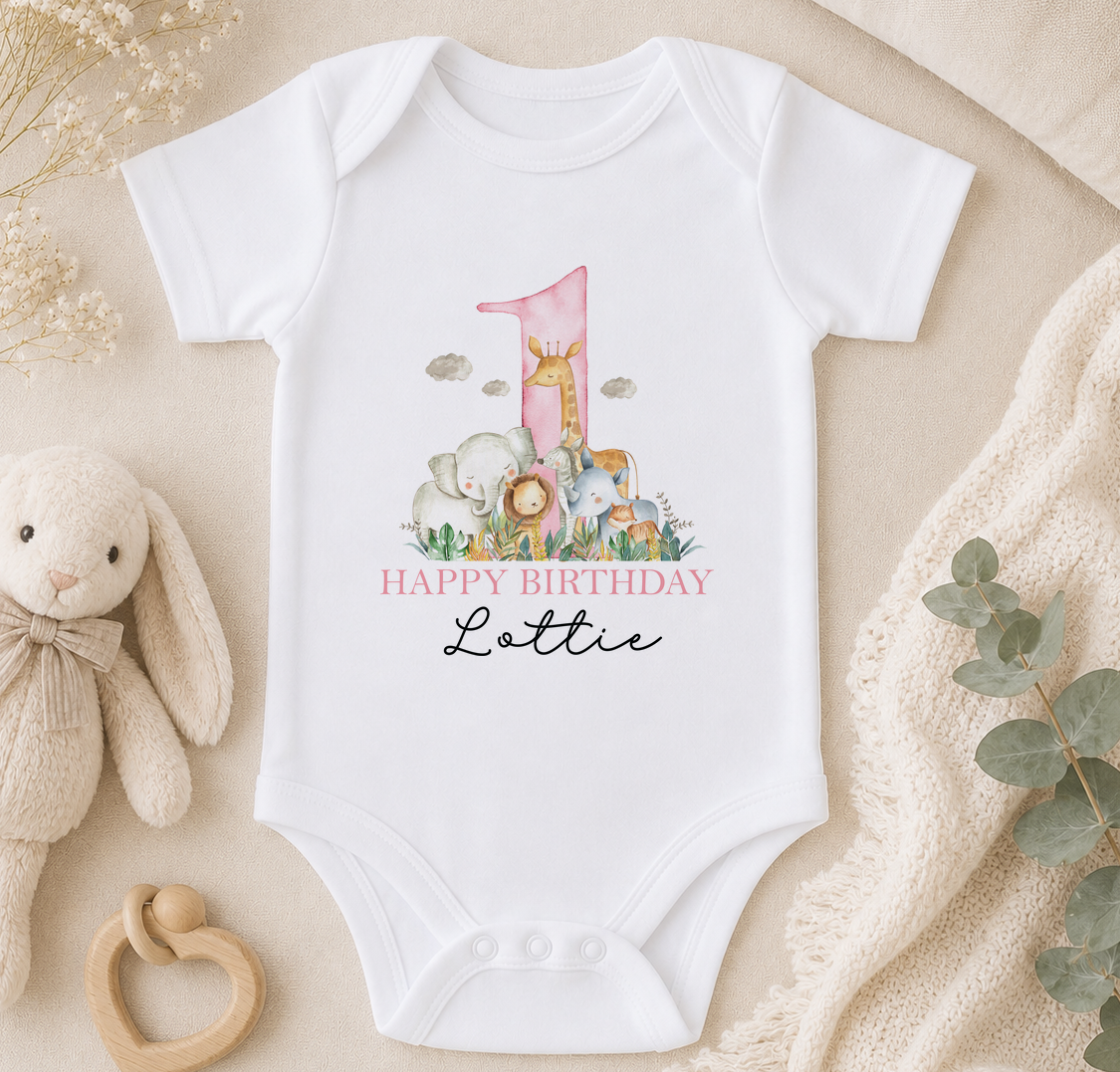 Personalised 1st birthday baby vest, Pink Safari Animals design with name